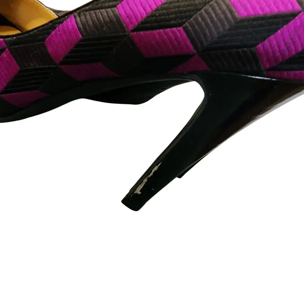 Nine West Women's Shoes, Purple & Black Fabric Peep Toe High Heel Pumps, Sz 8M